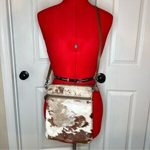 Myra Bag Cowhide Crossbody Purse with Brown Leather Strap. Zip Close.